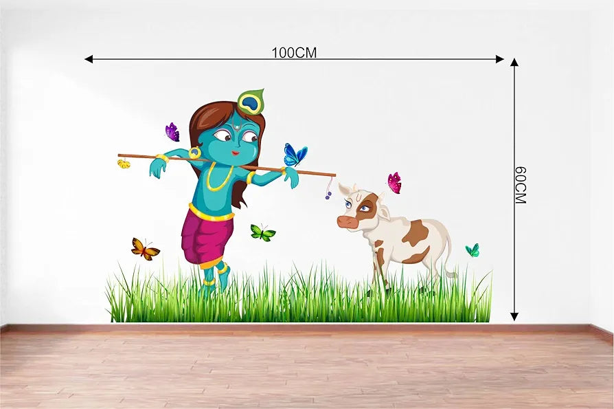 Rawpockets Decals Lord Krishna Cow Grass Butterfly Story Extra Large Size  Wall Sticker