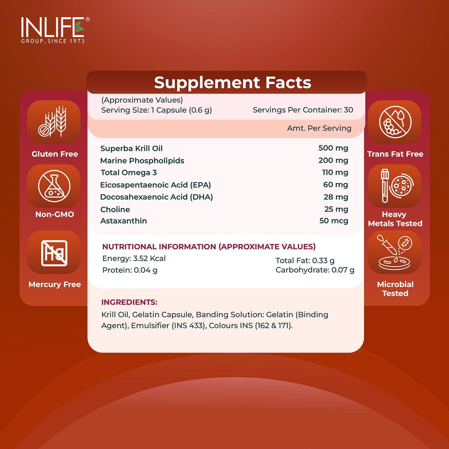 INLIFE Krill Oil Omega 3 Capsule 500mg | Antarctic Marine Phospholipids with EPA DHA Astaxanthin | Supplement for Heart, Brain, Joint, Eye & Skin Health - 30 Liquid Filled Hard Capsules (Pack of 1)