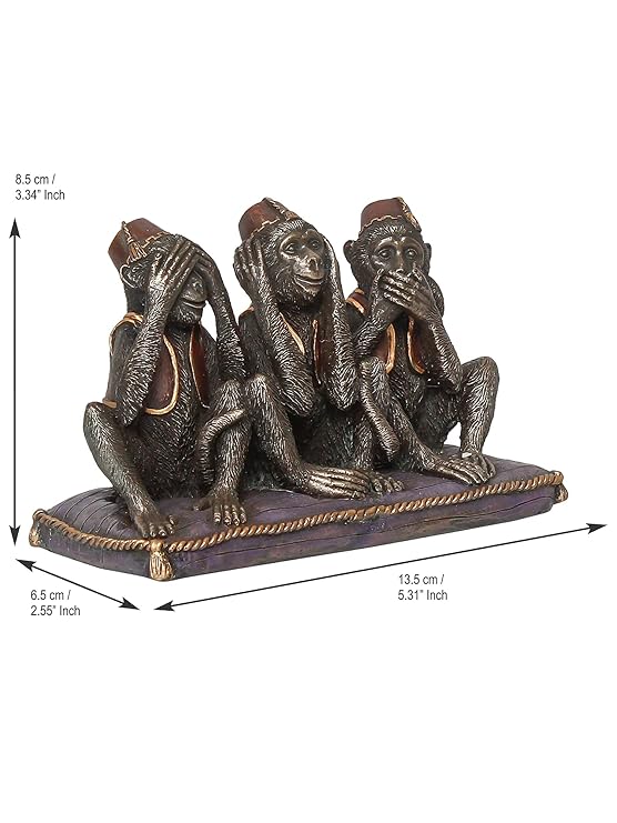 Ecraftindia Handcrafted Polyresin and Bronze Set of 3 Wise Monkeys Statues Animal Figurines Decorative Showpiece