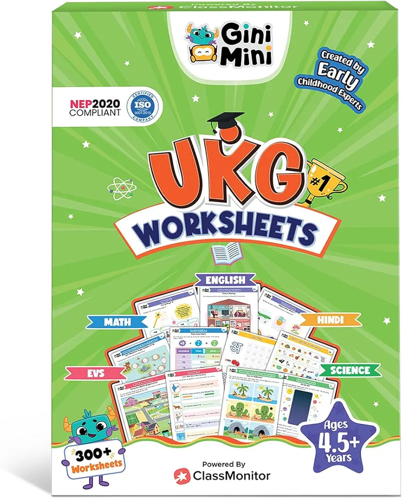 GiniMini 300+ UKG Worksheets for 4 5 6 7 Years Learning & Writing Activities, Return & Birthday Gifts for Boys Girls