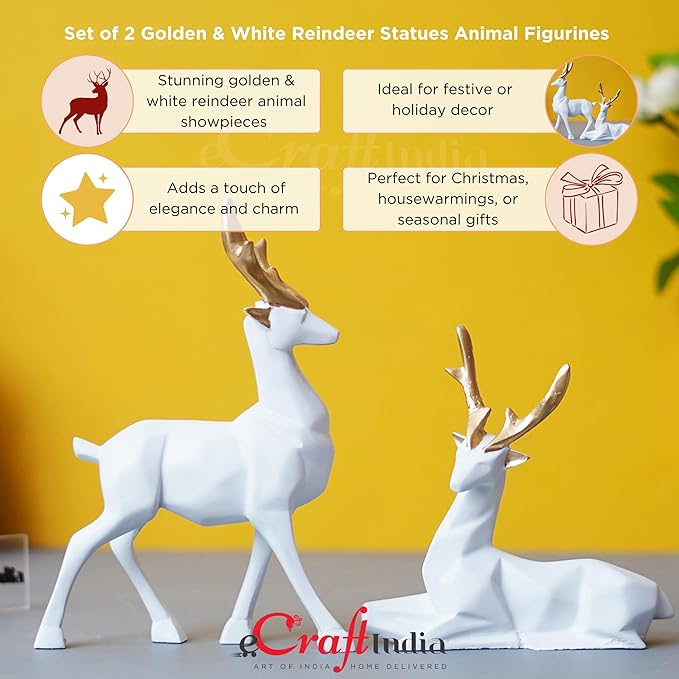 Ecraftindia Set of 2 Golden & White Reindeer Statues Animal Figurines Decorative Showpieces