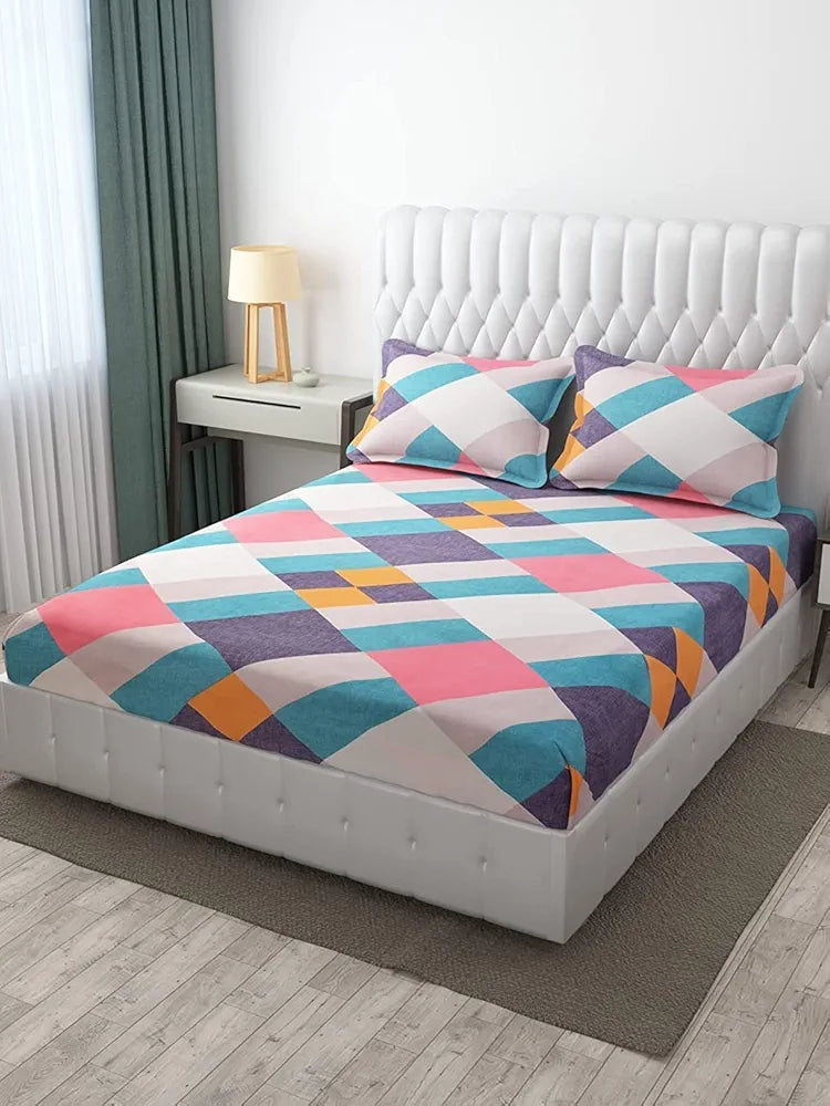 The Home Style Supersoft Cotton King Size Printed Flat Double Bedsheet with 2 Pillow Cover 300 TC Multicolor Abstract
