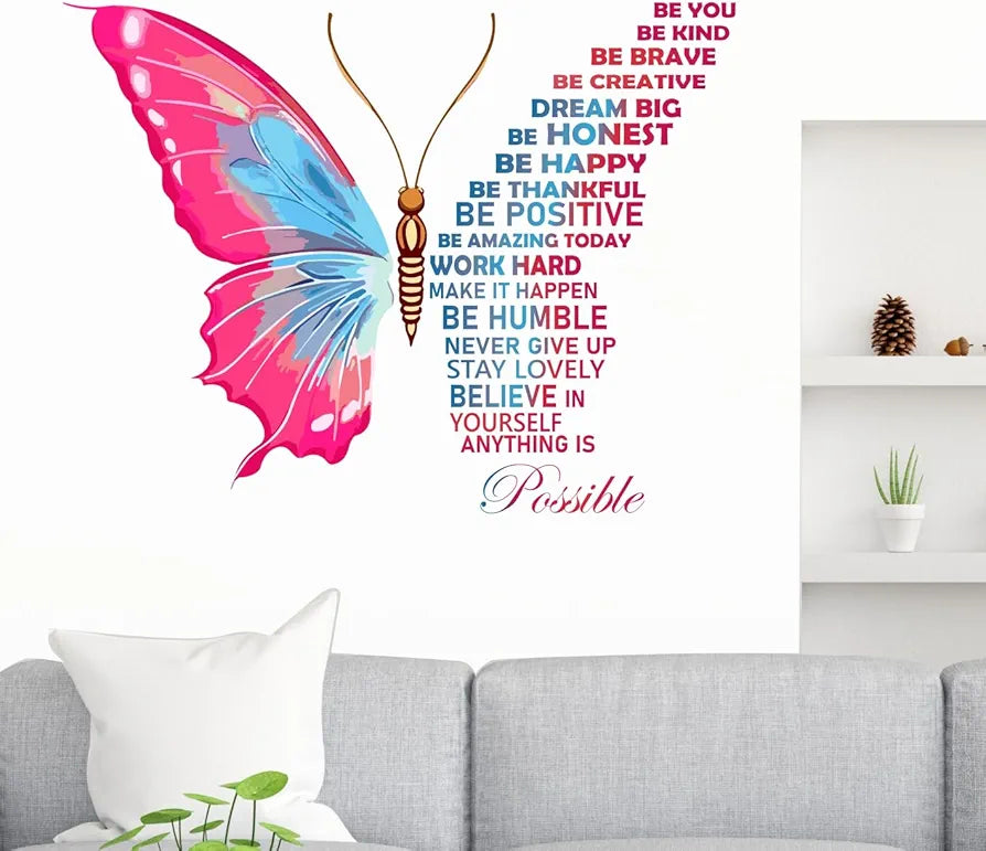Decal O Decal Vinyl Butterfly with Motivational Quotes Wall Stickers self-adhesive 90 cm Pink Butterfly with Life Improvement Positiv