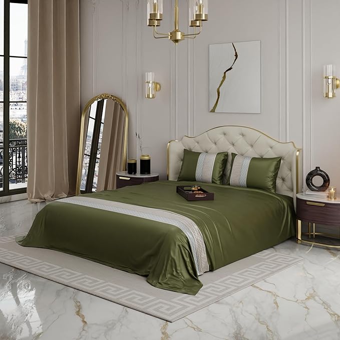 Stoa Paris Bedsheets For Double Size Bed, Satin 300 Threadcount Bedsheet Set Colour Palace Gardens-Olive