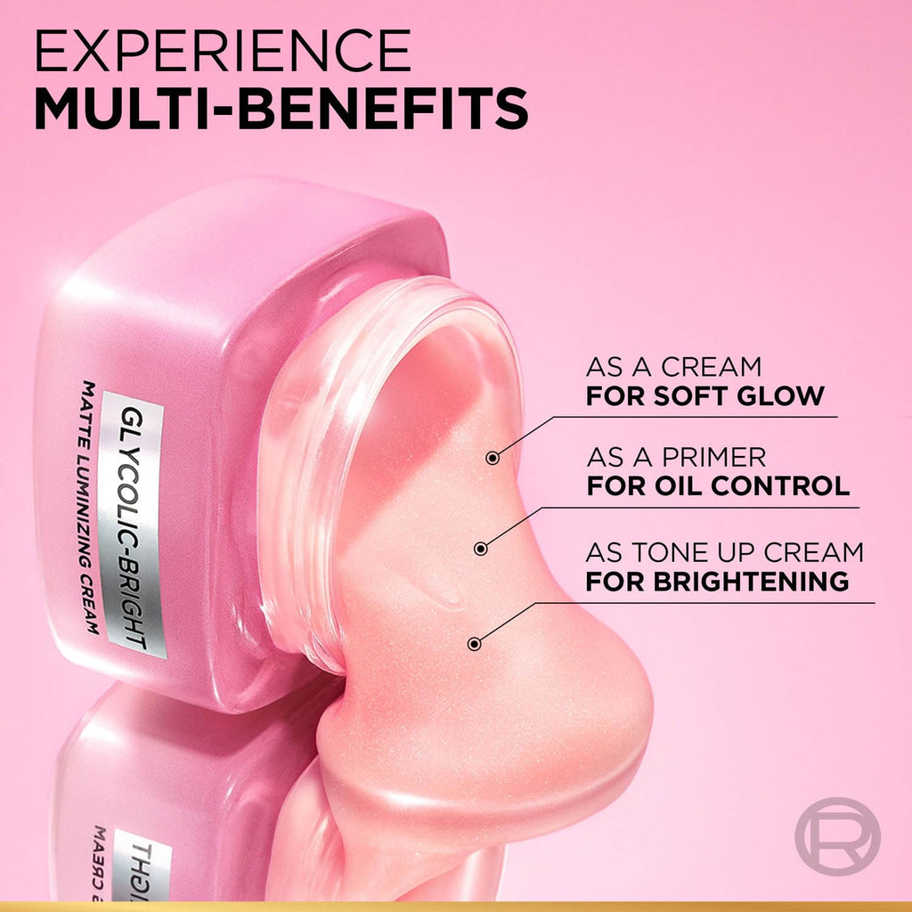 L'Oréal Paris Glycolic Bright Matte Luminizing Cream, 50ml | Instant glow booster | Fades dark spots | Highlighter in moisturzier | Strobe Cream