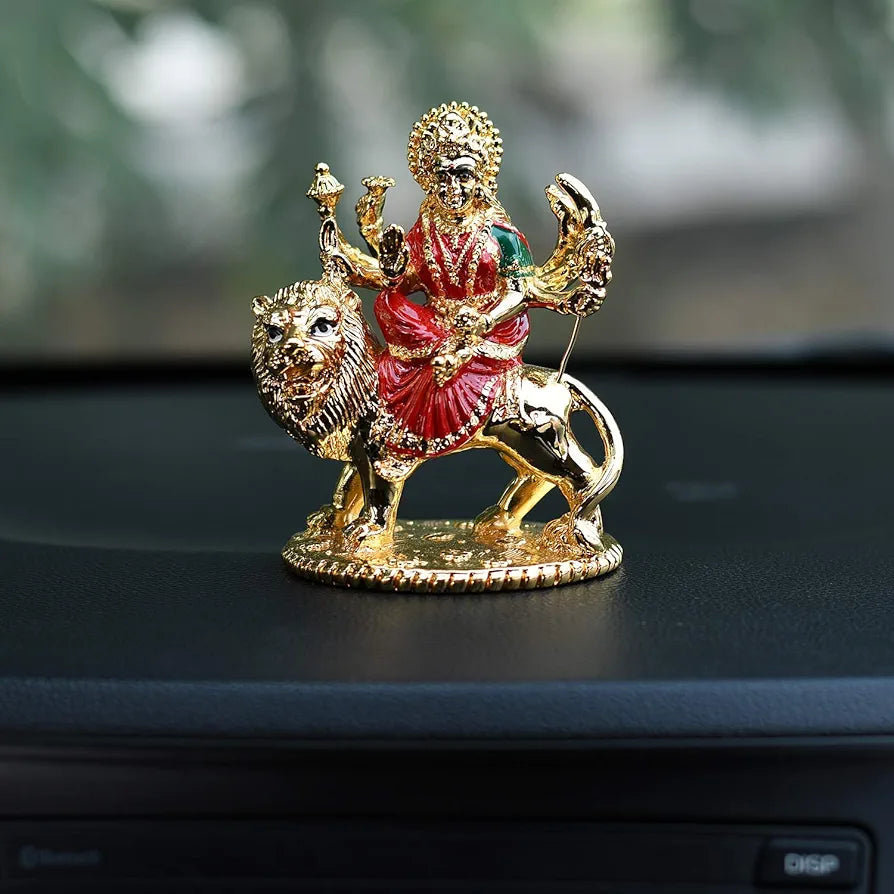 Collectible India Gold Plated Goddess Maa Durga Sherawali MATA Idol Statue for Car Dashboard