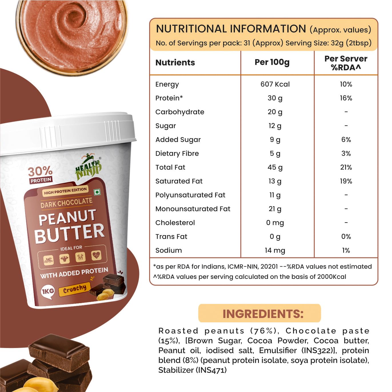 Health Ninja Dark Chocolate Peanut Butter,1kg | High Protein crunchy Peanut Butter Protein Spread for Fitness Lovers (Chocolate)