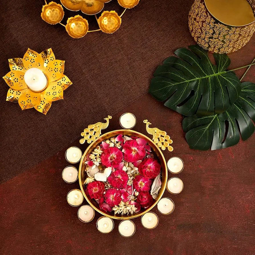 The Purple Tree Beautiful Handcrafted Peacock Urli Bowl For Floating Flowers And Tea Light Candles Gold Peacock Urli