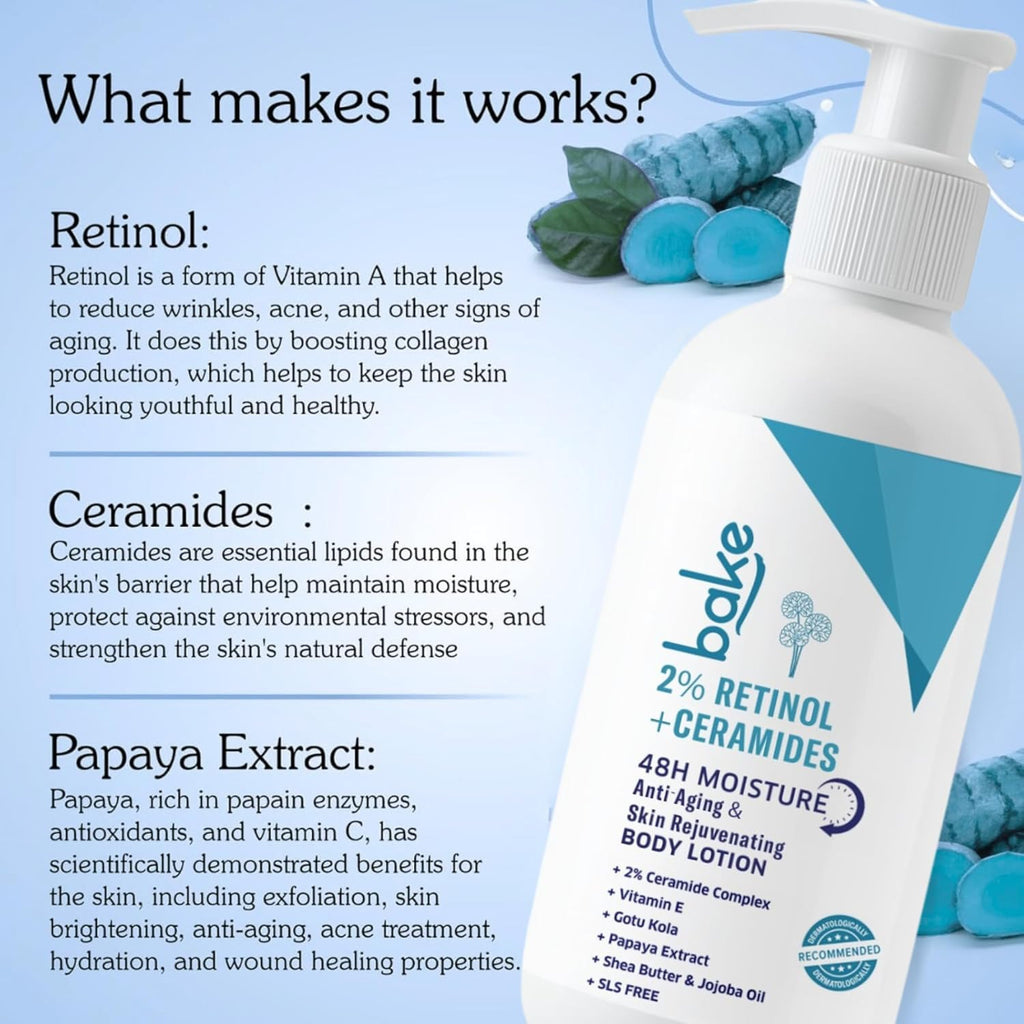 BAKE 2% Retinol + Ceramide Body Lotion for Dry, Aging Skin | Reduce Fine Lines & Wrinkles, Skin Tightening & Boosts Collagen Production | For Women & Men | 200ml