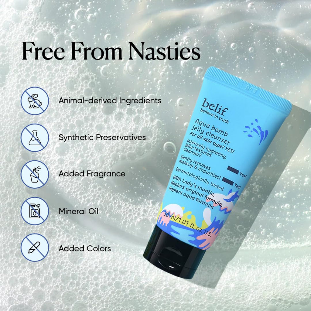 Belif Aqua Bomb Jelly Cleanser 30ML | Hydrating & Gentle Face Wash | Korean Skincare | Makeup Remover for All Skin Types | Vegan & Dermatologically Tested
