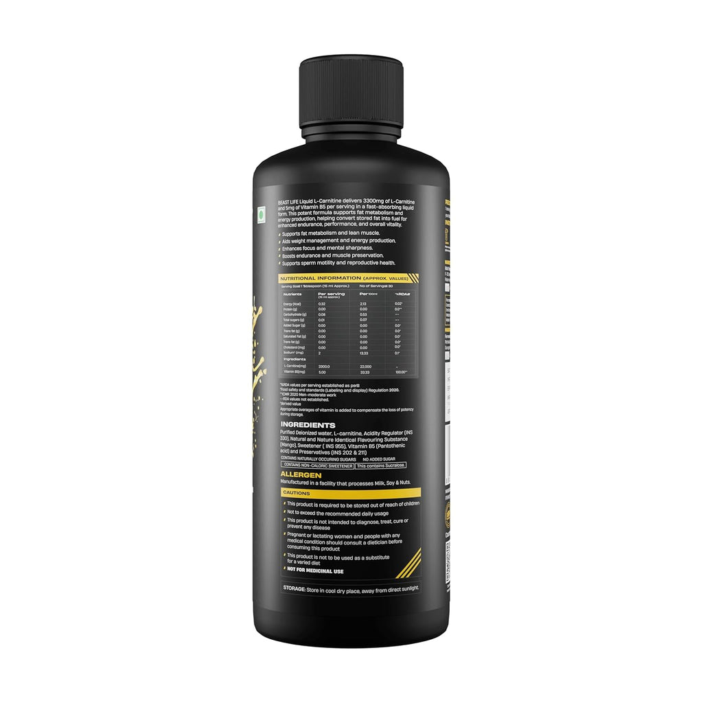 BeastLife L-Carnitine Liquid | 3300mg (Mango Flavor, 450 ml, 30 Servings) Converts Fat to Energy | Triple Strength Formula | Supports Weight Loss | With Vitamin B5 | No Added Sugar