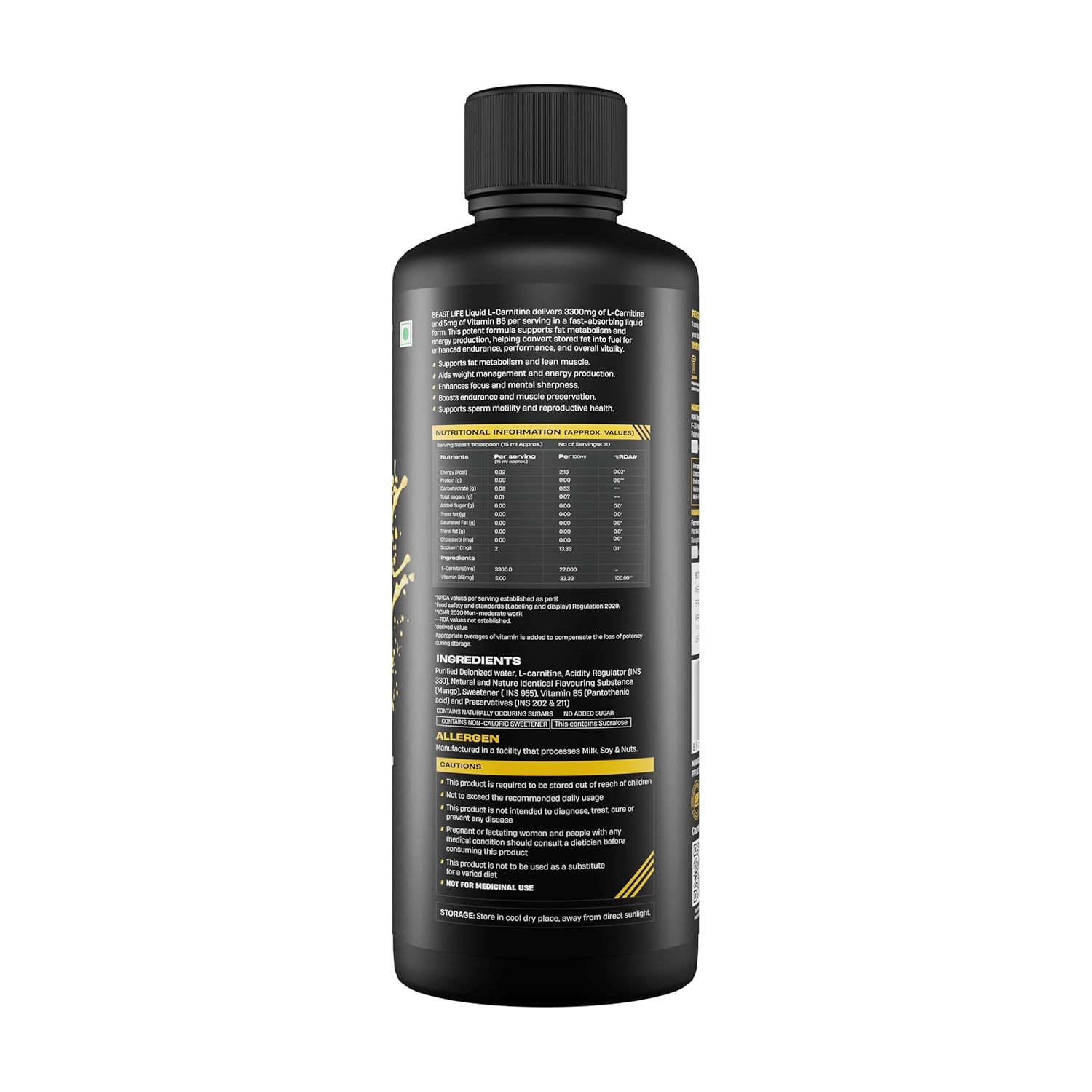 BeastLife L-Carnitine Liquid | 3300mg (Mango Flavor, 450 ml, 30 Servings) Converts Fat to Energy | Triple Strength Formula | Supports Weight Loss | With Vitamin B5 | No Added Sugar