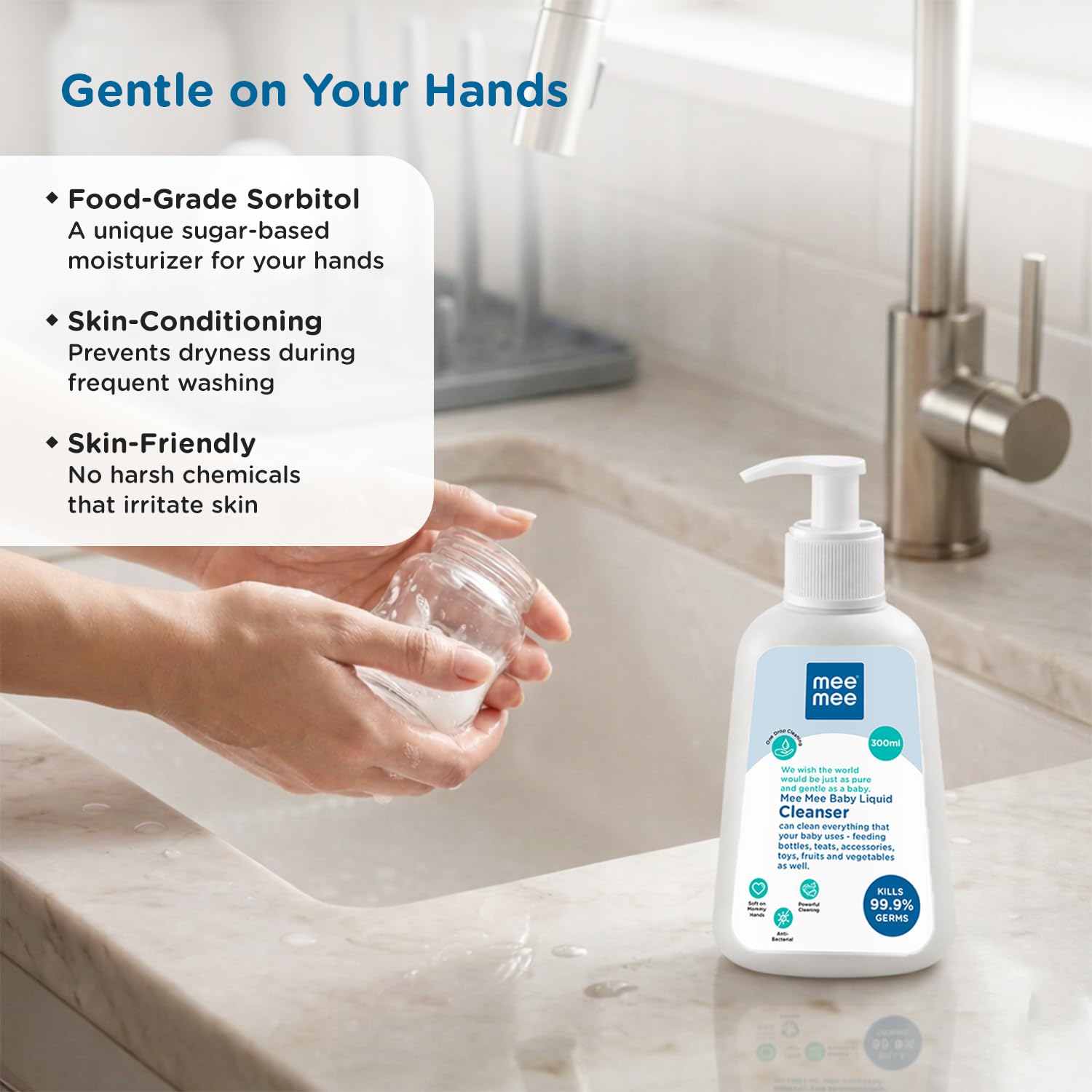 Mee Mee Liquid Cleanser 300 ml | Anti-Bacterial Formula Kills 99.9% Germs | For Bottles, Nipples, Accessories, Toys, Fruits & Vegetables | Alcohol-Free, Dermatologically Tested