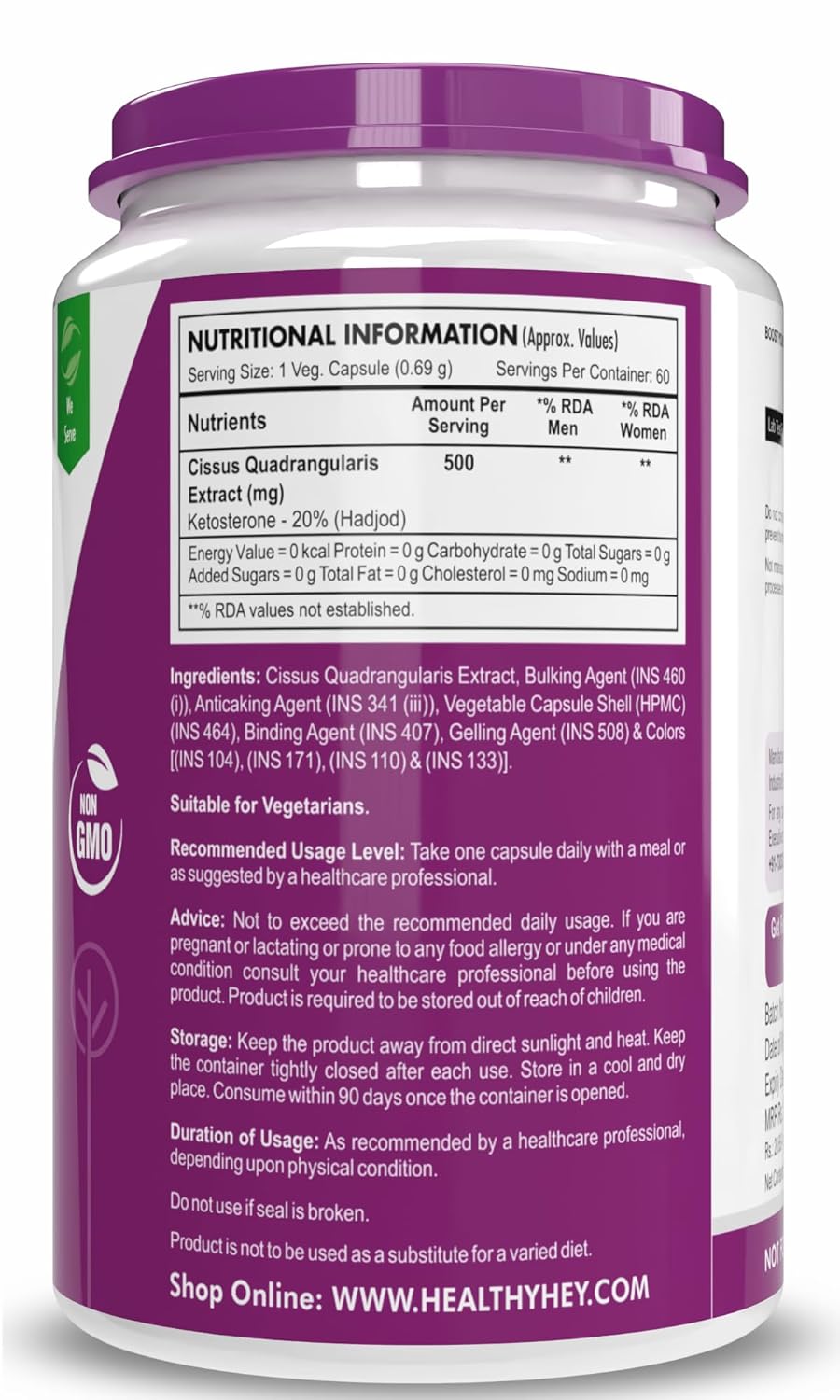 HealthyHey Nutrition HADJOD - Cissus Quadrangularis Extract - 60 Vegetable Capsules