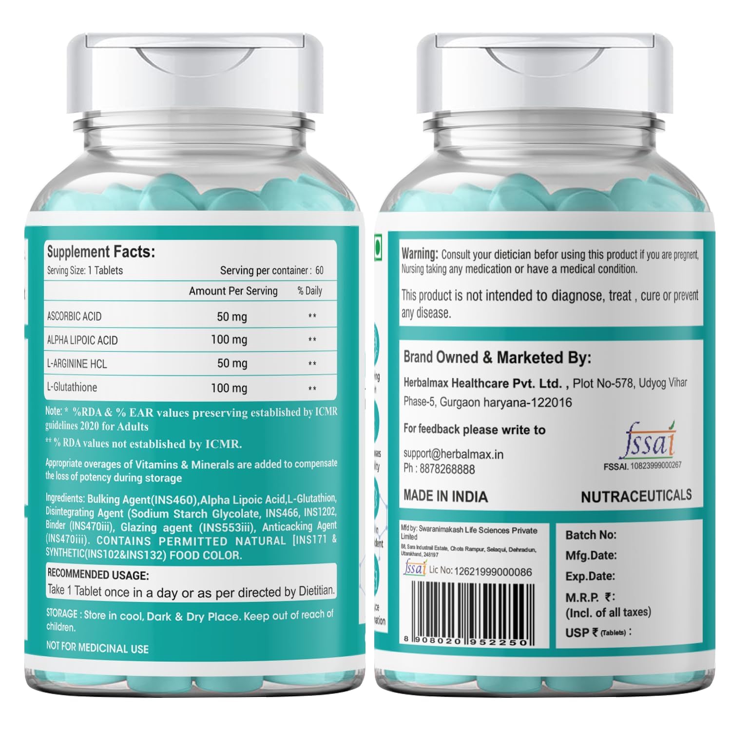 Herbal Max L-Glutathione Tablets for Skin Whitening 60 Tablets | With Vitamin C & Antioxidants | Supports Glowing, Hydrated & Youthful Skin | Unisex Supplement