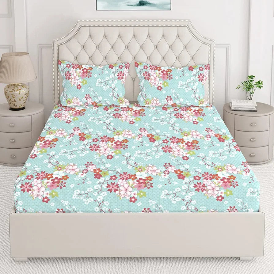 Layers Marigold Cotton Bedsheet Set for All Seasons Lightweight 144 TC King Size Turquoise