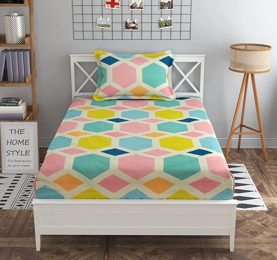 The Home Style Cotton Feel Glace Cotton Elastic Single Bed Bedsheet with 1 Pillow Cover Pastel Palette