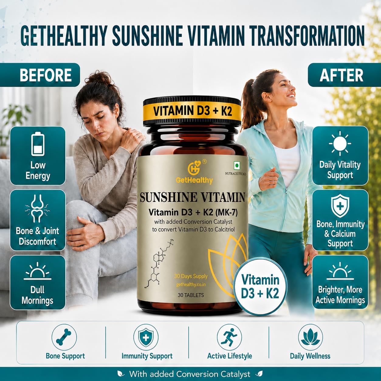 GetHealthyÂ® Sunshine Vitaminâ„¢ | Vegan Vitamin D3 K2 MK7 Tablets | 600 IU Vitamin D3 + K2 Supplement for Bone, Heart & Immune Support | 120 Day Supply | Third-Party Lab Tested