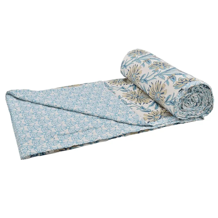 Trance Home Linen 150 GSM 100% Cotton Reversible Dohar Single Bed Size Jaipuri Printed Artisan Block Design Blanket 56"X88" Colour Flora Blue