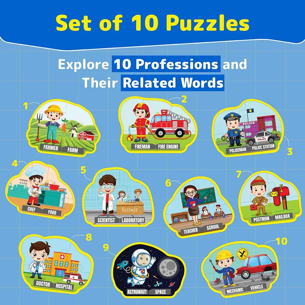 Funtad Kids Puzzleup Learn Professions,10-In-1 Entry Level Puzzle,45 Big Size Jigsaw Pieces,Montessori Educational Toy For Boys & Girls Age 3,4 & 5 Yrs