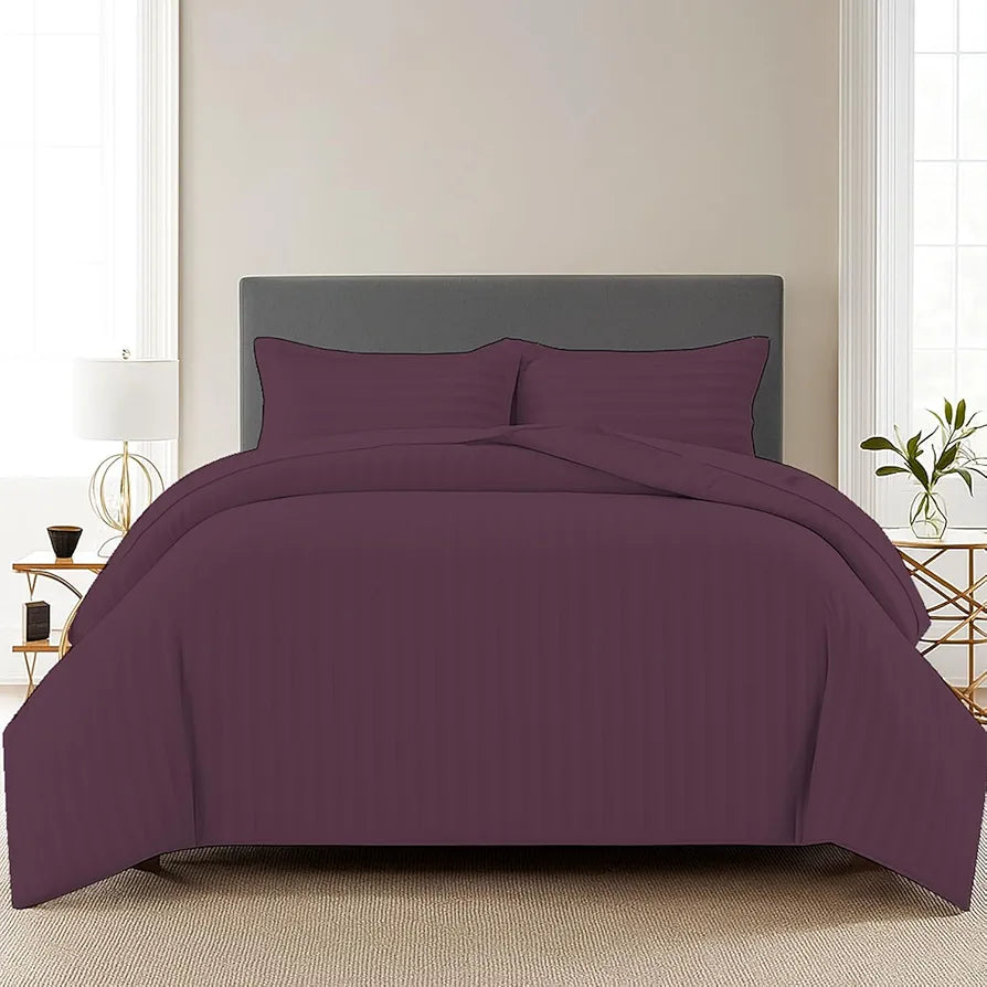 Trance Home Linen Zippered 100% Cotton 200TC Satin Stripe King Size Duvet Cover Quilt Cover Blanket Cover Razai Comforter Cover with 2 Pillow Covers Colour Deep Wine