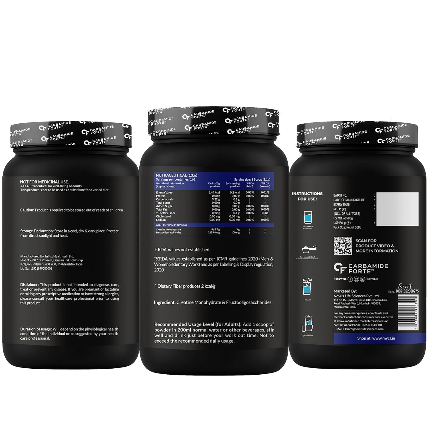 Carbamide Forte Creatine Mono hydrate Powder | Micronized Monohydrate Creatine 500g | Micronized Monohydrate Supplement for Lean Muscle, Strength & Energy - Unflavoured - 161 Servings - 500g