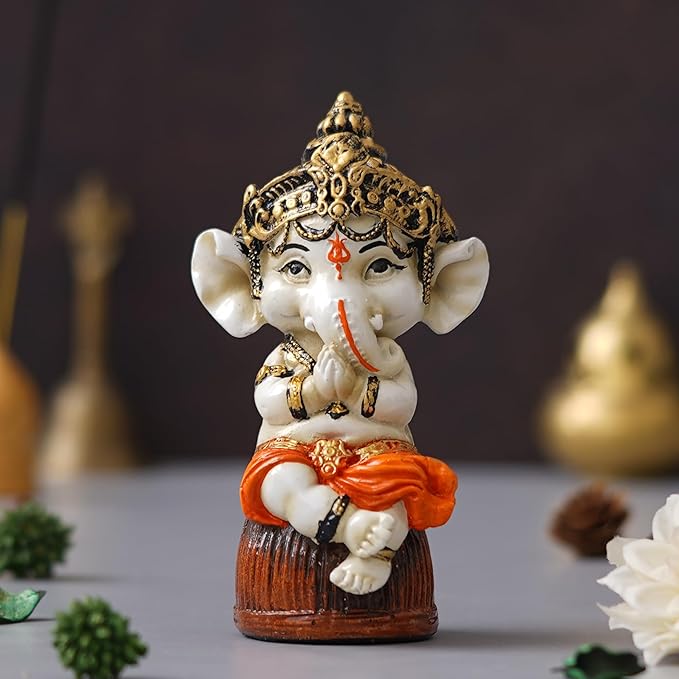 Ecraftindia Orange Polyresin Handcrafted Lord Ganesha Idol Sitting on Rock | God Idol