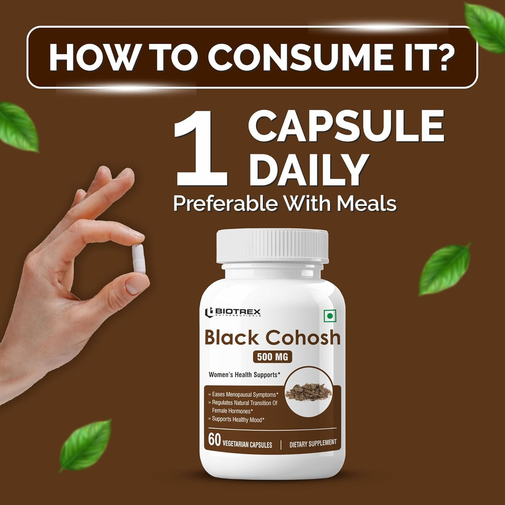 Biotrex Nutraceuticals Black Cohosh (10:1) 500mg | Supports Mood Balance & Hot Flashes | Overall Wellbeing & Bone Health | Non-GMO & Gluten Free | 60 Veg Capsule