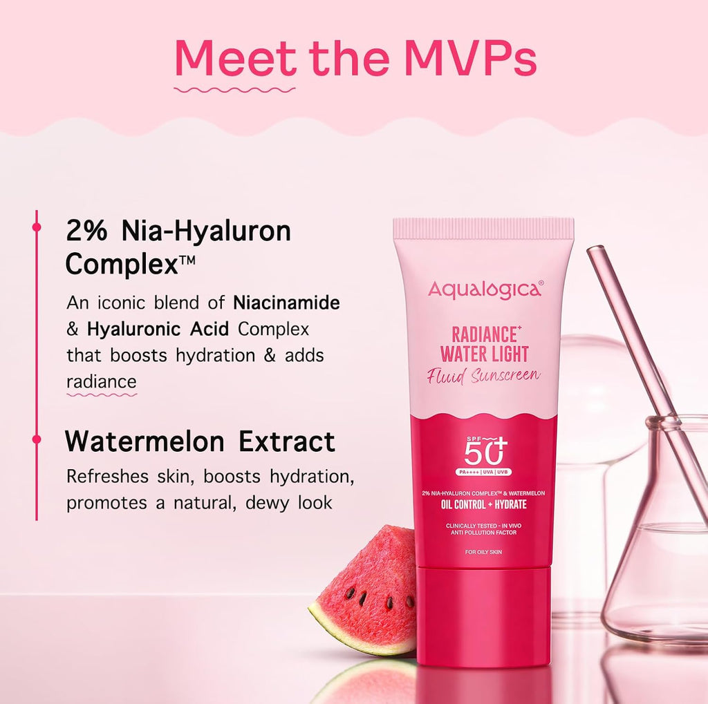 Aqualogica Radiance+ Water Light Fluid Sunscreen SPF 50+ PA++++, 25g | 2% Nia-Hyaluron Complex | Broad Spectrum UVA/UVB & Blue Light Protection | Fragrance-Free | No White Cast | Ultra-Lightweight | Travel Friendly | For Men & Women