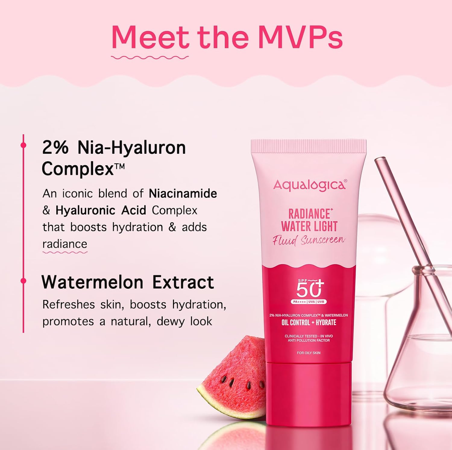Aqualogica Radiance+ Water Light Fluid Sunscreen SPF 50+ PA++++, 25g | 2% Nia-Hyaluron Complex | Broad Spectrum UVA/UVB & Blue Light Protection | Fragrance-Free | No White Cast | Ultra-Lightweight | Travel Friendly | For Men & Women