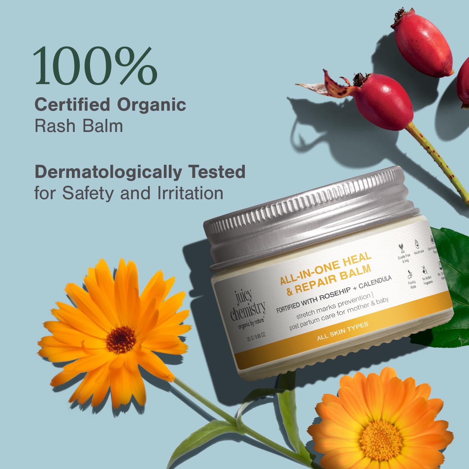 Juicy Chemistry All-In-One Heal & Repair Balm with Rosehip + Calendula, 25g | Multi-Purpose Organic Balm for Dry Skin, Lips, Elbows, Stretch Marks & Scars | Certified Organic, Fragrance-Free