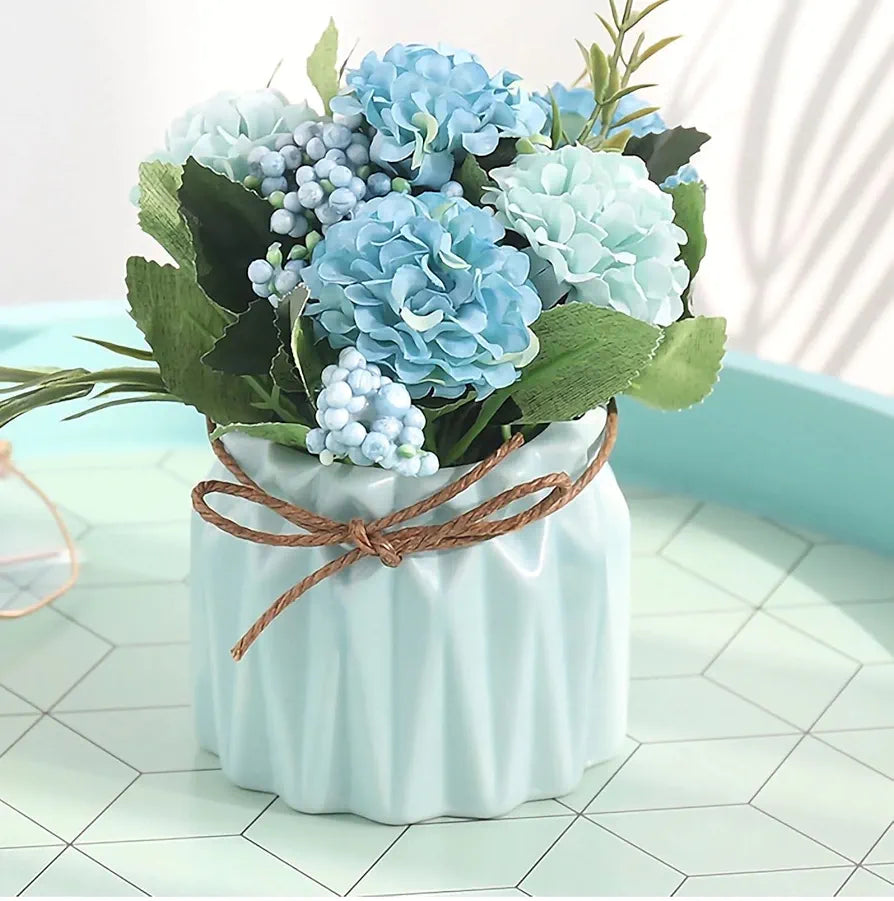 Artificial Flower with Ceramic Vase Hydrangea Bouquet Fake Flower Arrangements