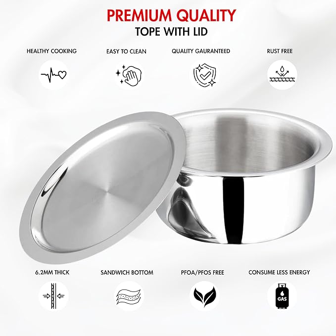 Vinod Platinum Triply Stainless Steel Tope with Stainless Steel Lid 1.7 litres Capacity (16 cm Diameter) - Silver