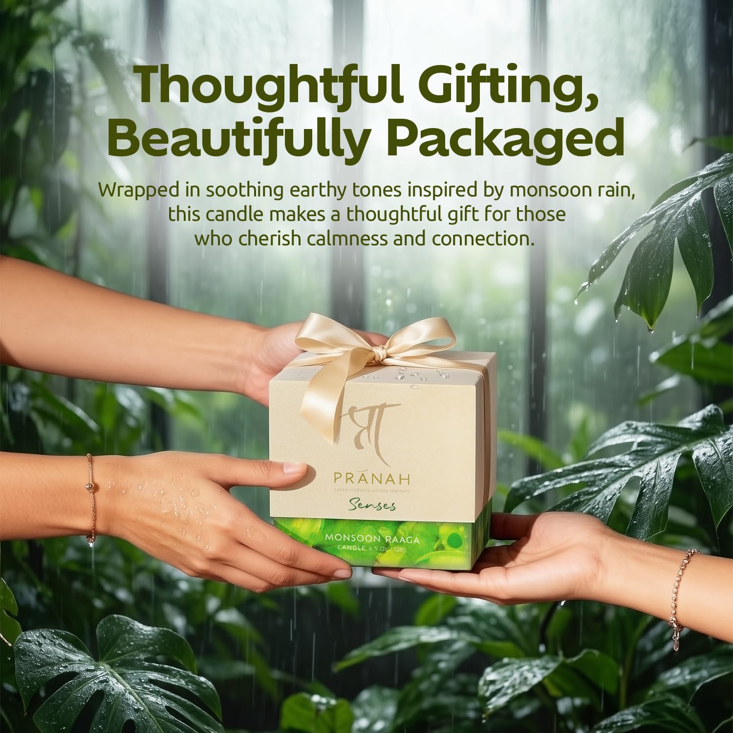 Pranah Monsoon Raaga Aromatherapy Scented Candle | 128g, 28 Hours Burn | Wet Earth & Woody White Floral Notes | Musky Patchouli Oil | Soy Wax, Vegan | Earthy & Sweet Calm