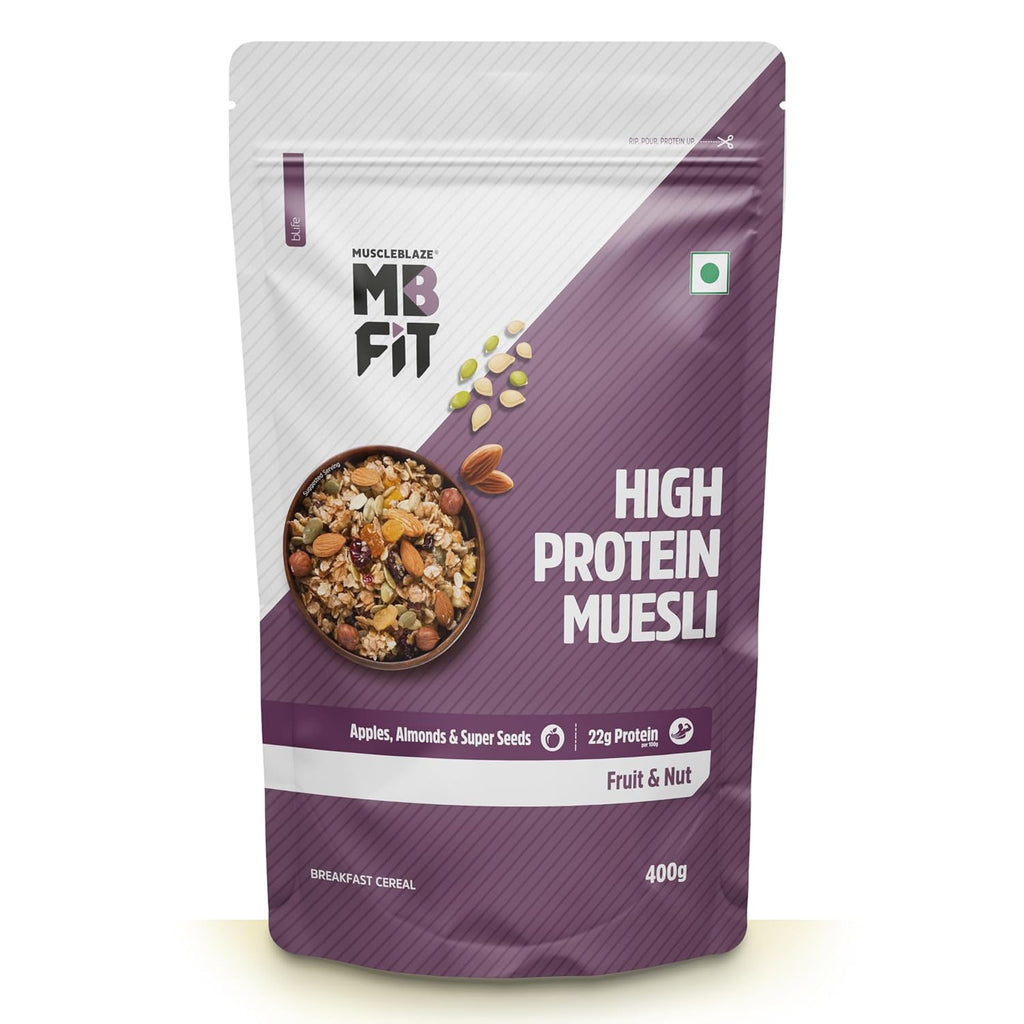 MuscleBlaze Fit High Protein Muesli, Fruit & Nut, 400g | 22g Protein | With Apple, Almonds & Super Seeds, High Protein Breakfast Cereals