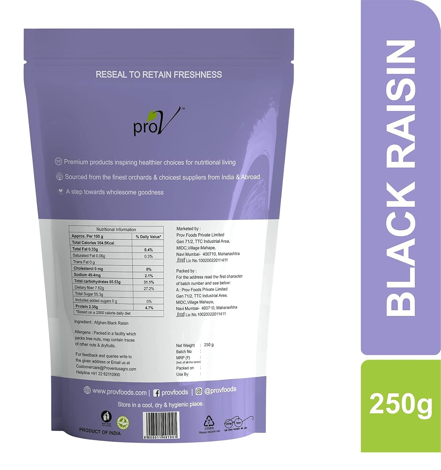 ProV Premium Black Raisins Seedless | Naturally Sweet Kismis | Rich in Iron, Fiber & Antioxidants | Healthy Dry Fruit Snack | 250g