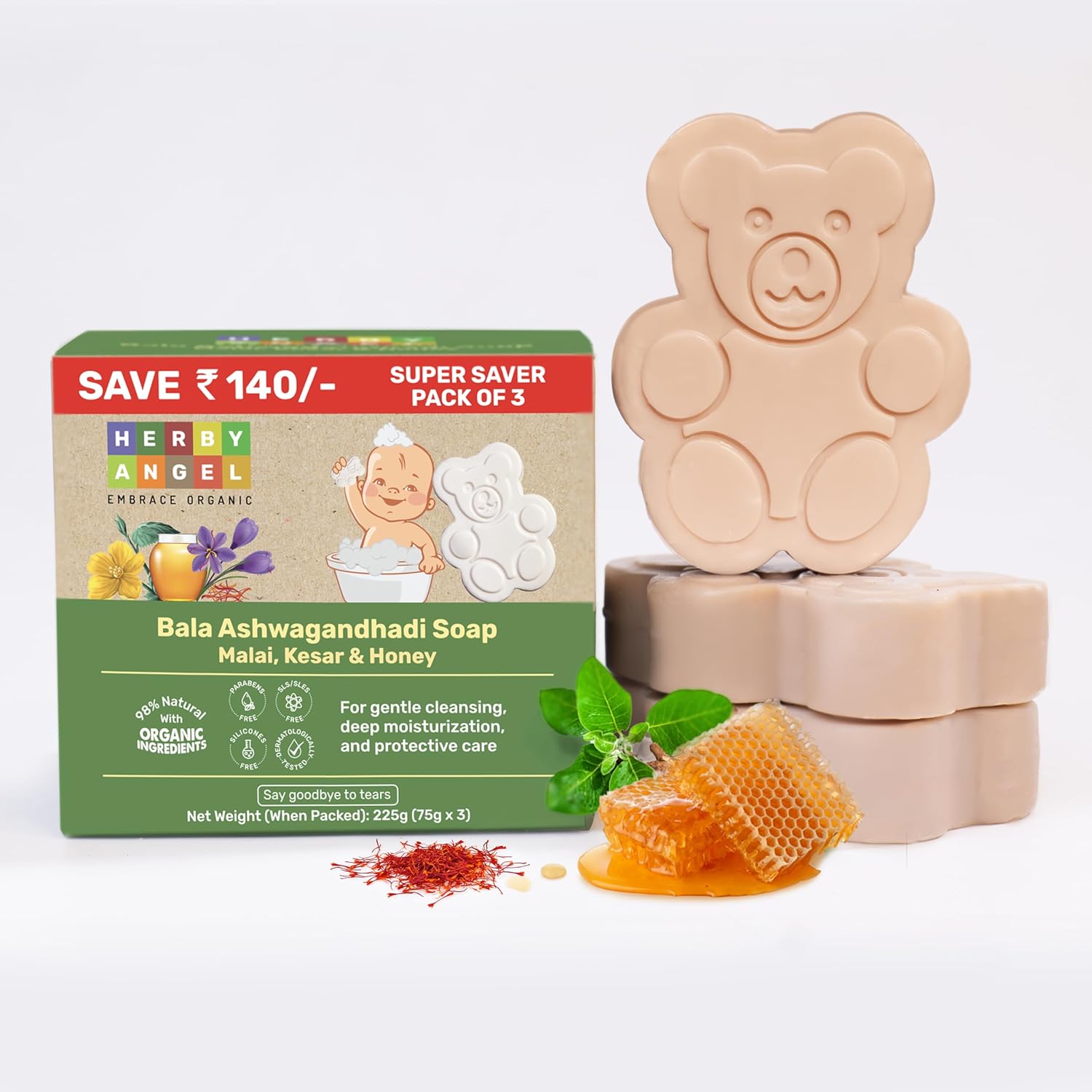 Herby Angel Natural Soap for Babies & Kids with Tear-Free Formula - 75 gms Each (Pack of 3)