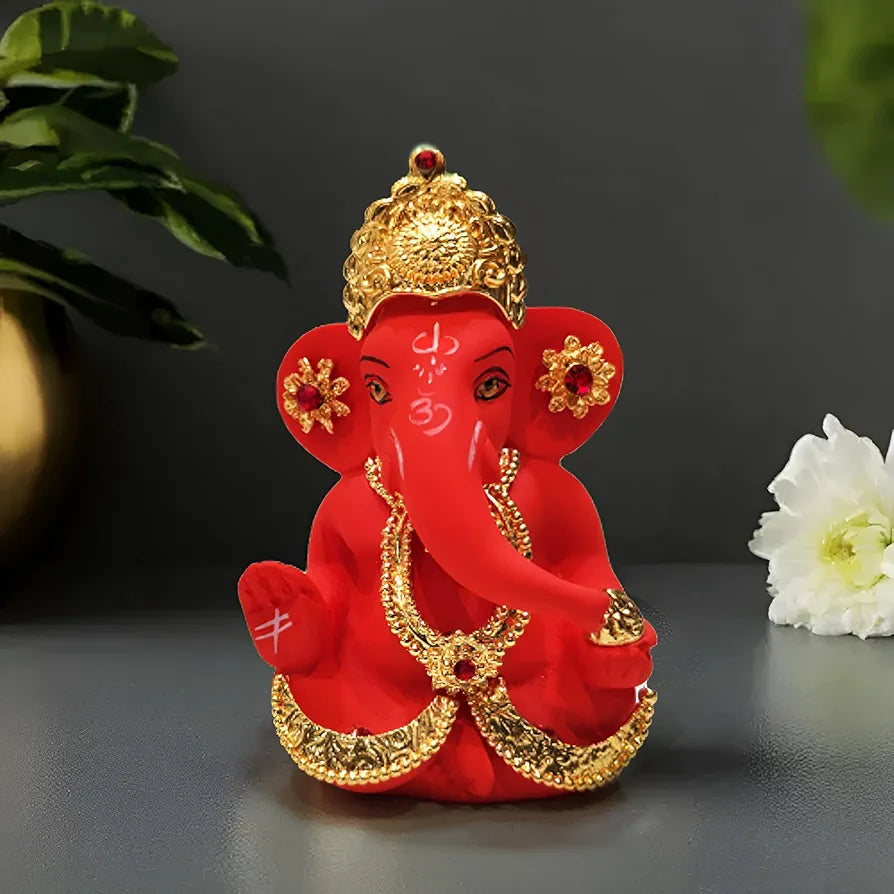 CraftVatika Ganesh Idol Murti Statue for Car Dashboard Ceramic Terracotta Gold Plated Orange
