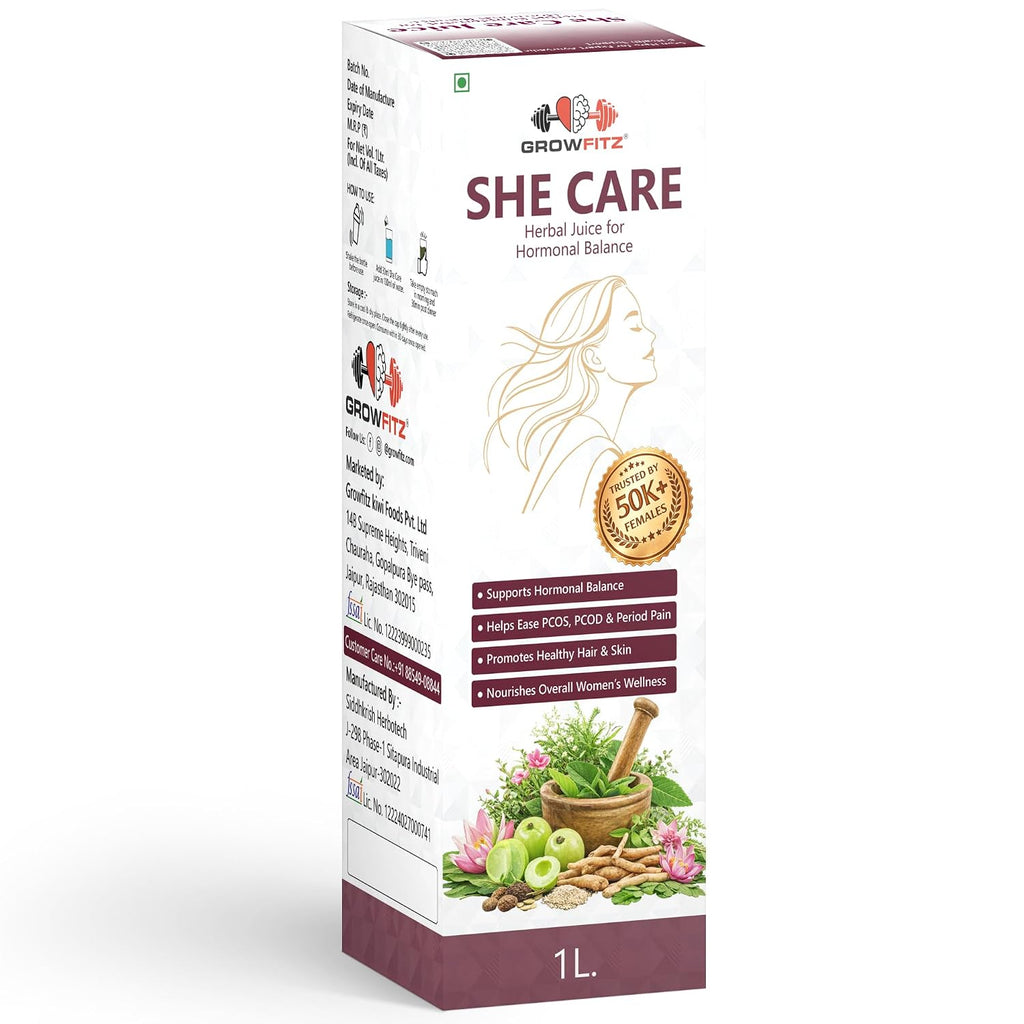 Growfitz She Care Herbal Juice 1000ml | Advanced Ayurvedic Formula for PCOS/PCOD, Hormonal Balance & Period Health | With Shatavari, Ashok Chaal, Amla & Giloy | No Added Sugar