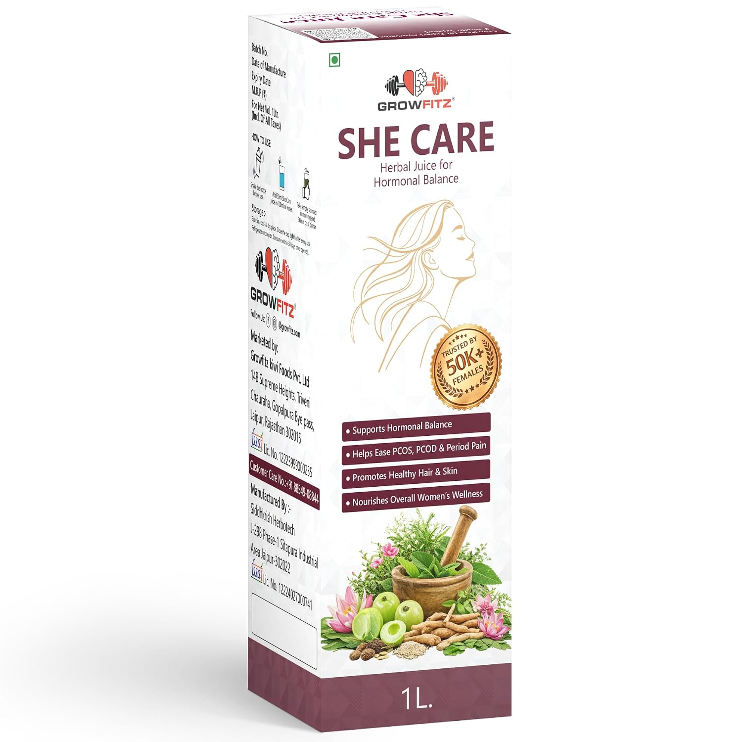 Growfitz She Care Herbal Juice 1000ml | Advanced Ayurvedic Formula for PCOS/PCOD, Hormonal Balance & Period Health | With Shatavari, Ashok Chaal, Amla & Giloy | No Added Sugar
