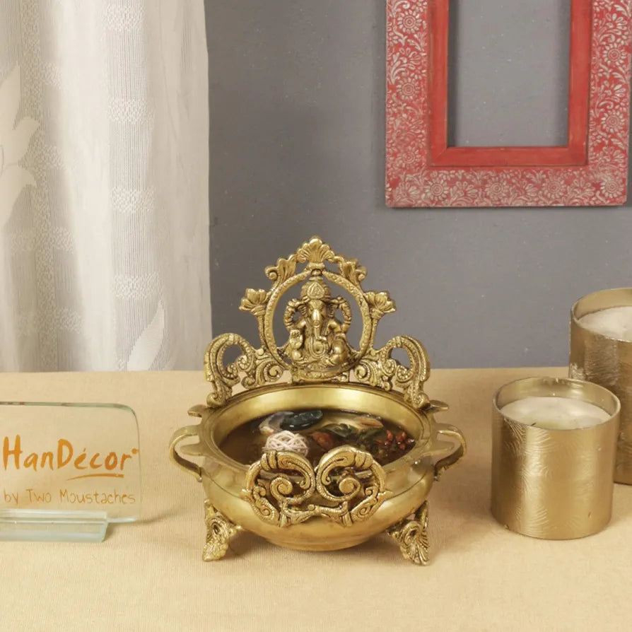 Two Moustaches Brass Ethnic Carved Ganesha Design 7 Inches Brass Urli Decor Bowl Golden Brass