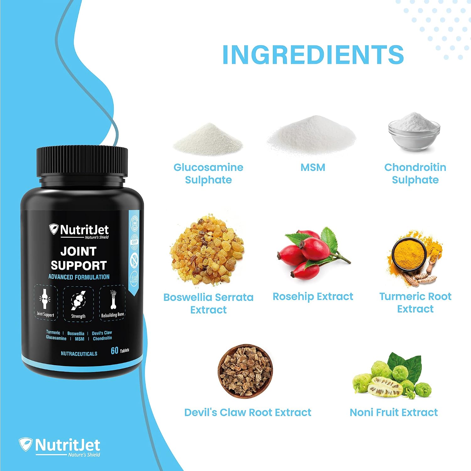 NutritJet Joint Support Supplement with Glucosamine, Chondroitin, MSM for Cartilage & Joint and Bone - 60 Tablets