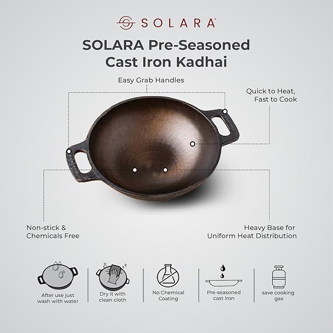 Solara Pre Seasoned Cast Iron Kadhai | 20 Cm | 1.8 Kg | Naturally Nonstick Cast Iron Kadai With Flat Handles | 1.7 Litres