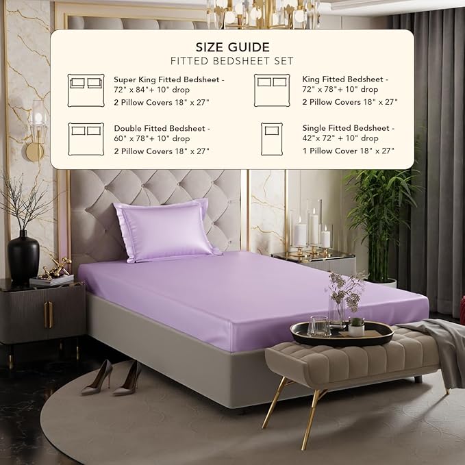 Stoa Paris Satin Elastic Fitted Bedsheets for Single Bed 300TC Premium 1 Pillow Cover Colour Lilac Affair