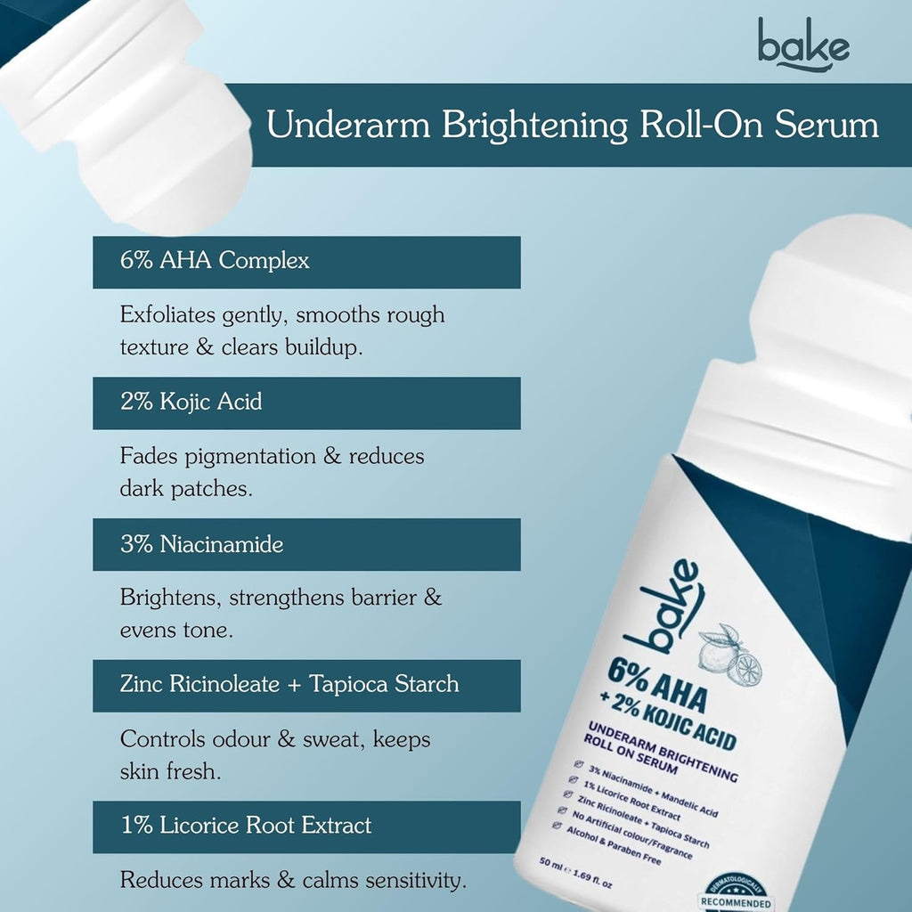 BAKE BrightEraseâ„¢ Underarm Brightening Roll On Serum with 6% AHA Complex, 2% Kojic Acid, 3% Niacinamide | Reduces Pigmentation, Dark Spots, Odour & Sweat | Brightening & Exfoliating Serum for Dark Underarms - 50ml