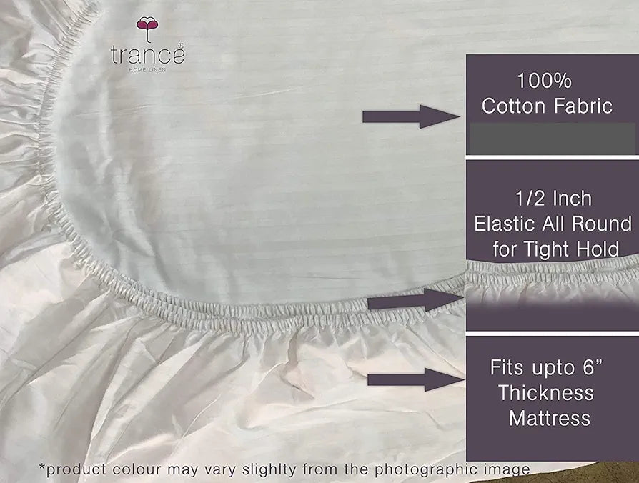 Trance Home Linen 100% Cotton 400 Thread Count Satin Striped Elasticated Fitted Bedsheet with 2 Pillow Covers  Colour White Striped