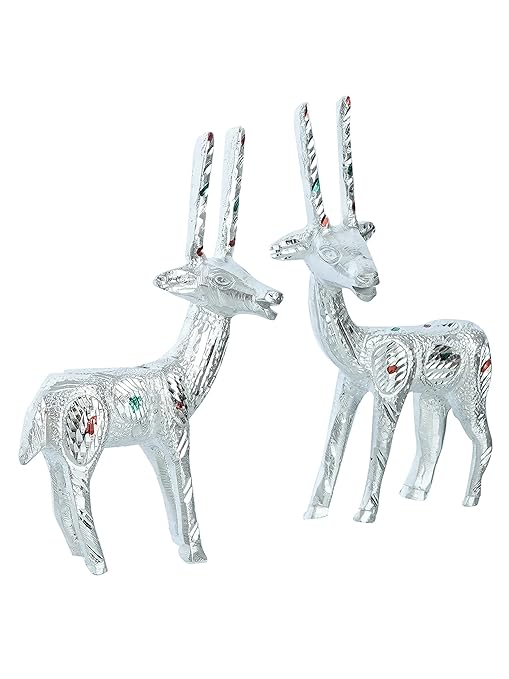 Ecraftindia Set of 2 Engraved Silver Deer Handcrafted Decorative Metal Figurine