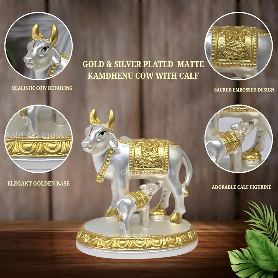 Gold Art India Kamdhenu Cow with Calf Idol Gold Silver Plated with Matte Finish 3.1 Inch