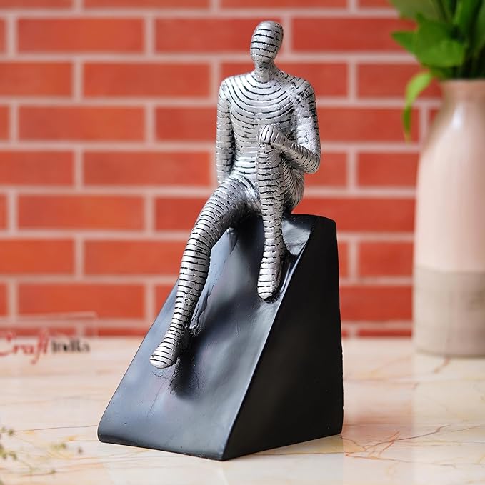 Ecraftindia Silver Man Statue Sitting on Triangle Black Base Human Figurine Decorative Showpiece