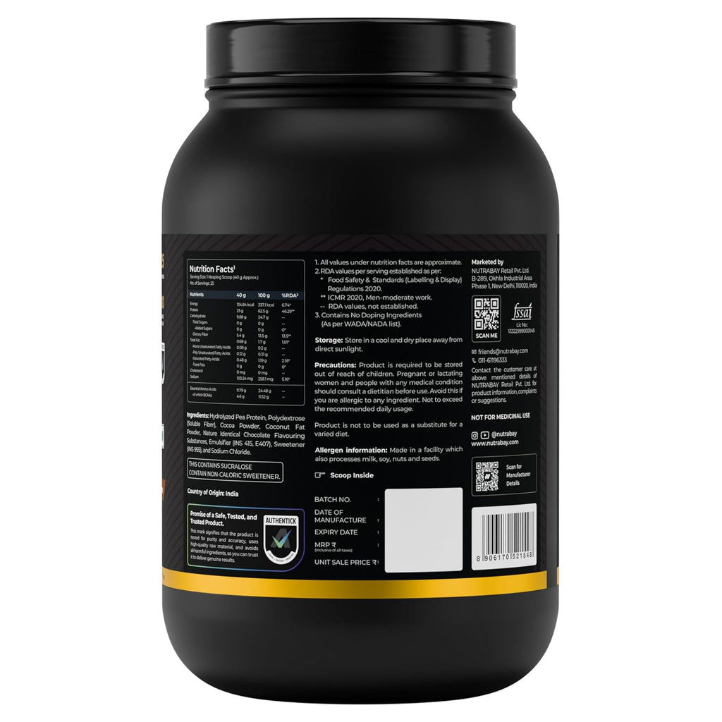 NUTRABAY Gold 100% Pea Protein Powder - 1kg, Rich Chocolate CrÃ¨me | 25g Protein, 4.6g BCAA, 5g Fiber | Complete Amino Profile | Tastiest & Smoothest Vegan, Plant Protein | Muscle Gain & Fast Recovery